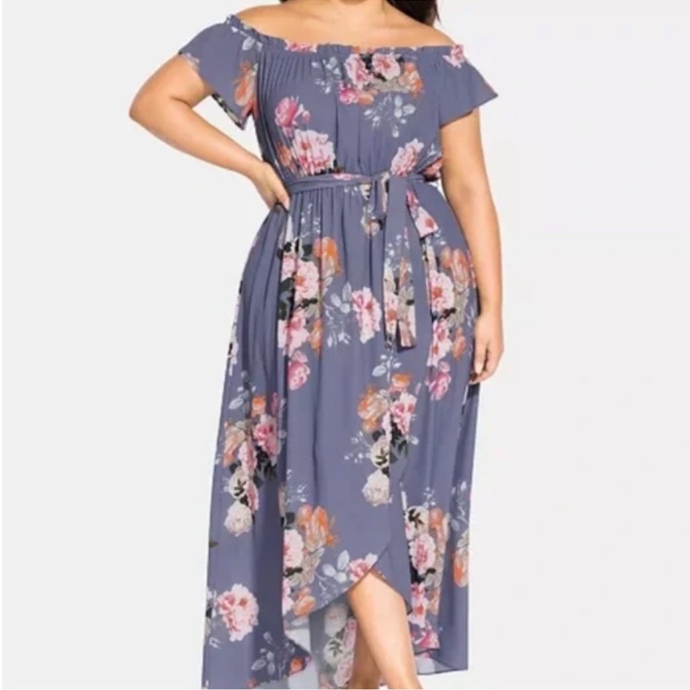 Plus Size Off-Shoulder Floral Maxi Dress - Dusty Blue